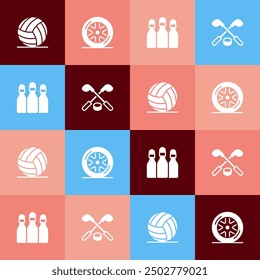 Set pop art Volleyball ball, Car wheel, Bowling pin and Ice hockey sticks and puck icon. Vector