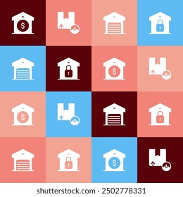 Set pop art Warehouse price, Carton cardboard box,  and Closed warehouse icon. Vector