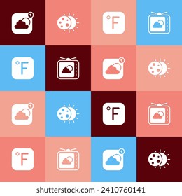 Set pop art Weather forecast app, Eclipse of sun, Fahrenheit and  icon. Vector