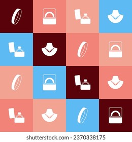 Set pop art Wedding ring, Diamond engagement box,  and Necklace mannequin icon. Vector