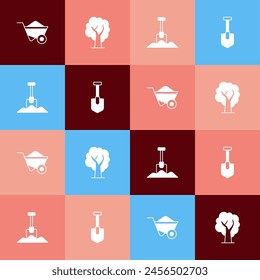Set pop art Carretilla, árbol, pala e icono. Vector