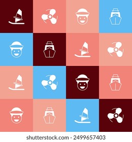 Set pop art Windsurfing, Boat propeller, Sailor and Yacht sailboat icon. Vector