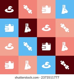 Set pop art Witch hat, Bow tie, Wallet and Rabbit with ears icon. Vector