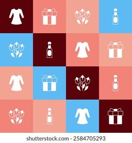 Set pop art Woman dress, Gift box and heart, Flower tulip and Champagne bottle icon. Vector