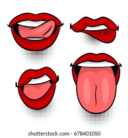 Set pop art woman show tongue smile, dare, open lips, wow. Comics book girl face body part kitch. Cartoon girl lipstick label tag expression. Funny mood emotion sound effects. Vector illustration.