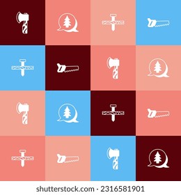 Set pop art Wooden axe, Tree, Metallic nail and Hand saw icon. Vector
