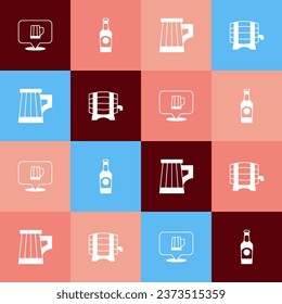 Set pop art Wooden beer mug, Beer bottle,  and barrel on rack icon. Vector