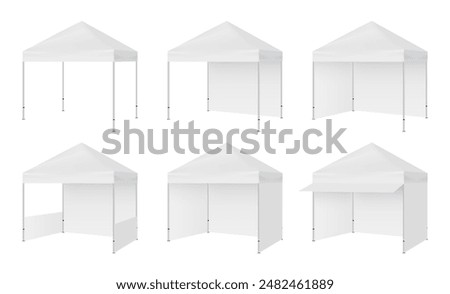 Set Of Pop Up Canopy Commercial Square Tents, Isolated On White Background, Side View. Vector Illustration