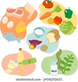 A set of pop and colorful vector illustrations of foods classified by the five major nutrients