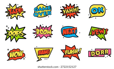 Conjunto de Pop Iconos de cómic Ilustración. wow, flash, boom, game over y más diseño pop art Vector.