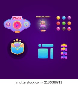 Set Of Pop Ups For Games Pause And Winner Bubble Icon Star Rate Kit Cute Colorful Cartoon Vector Design