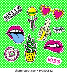 Set of pop-art stickers, badges and pins. Vector stickers, pins, patches in cartoon 80s-90s comic style. Bright cartoon retro Illustration