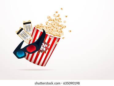 Set of popcorn, 3d glasses, cinema ticket, isolated on white. Drawn vector illustration, realistic cinematography design, vintage colorful background, art for online cinema, movie, film, theater,..