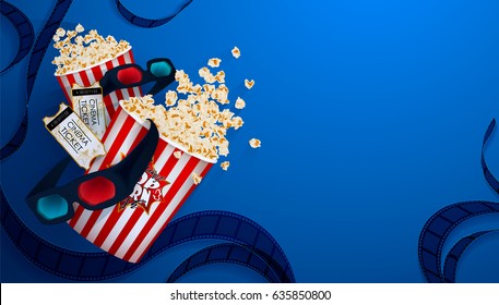 Set of popcorn, 3d glasses, cinematograph tape, cinema ticket. Drawn vector illustration, realistic cinematography design, vintage colorful background, art for online cinema, movie, film, theater,..