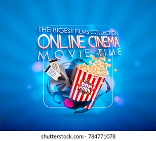 Set of popcorn, 3d glasses, cinematograph tape, cinema ticket. Drawn vector illustration, realistic cinematography design, vintage colorful background, art for online cinema, movie, film, theater,..