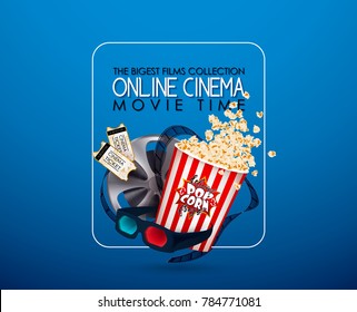 Set of popcorn, 3d glasses, cinematograph tape, cinema ticket. Drawn vector illustration, realistic cinematography design, vintage colorful background, art for online cinema, movie, film, theater,..