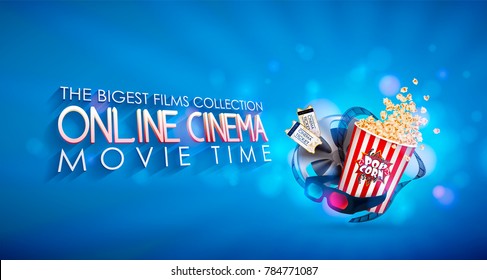 Set of popcorn, 3d glasses, cinematograph tape, cinema ticket. Drawn vector illustration, realistic cinematography design, vintage colorful background, art for online cinema, movie, film, theater,..