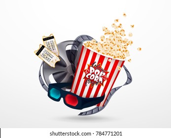 Set of popcorn, 3d glasses, cinematograph tape, cinema ticket. Drawn vector illustration, realistic cinematography design, vintage colorful background, art for online cinema, movie, film, theater,..
