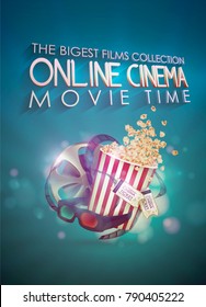 Set of popcorn, 3d glasses, cinematograph tape, cinema ticket. Drawn vector illustration, realistic cinematography design, vintage colorful background, art for online cinema, movie, film, theater,..