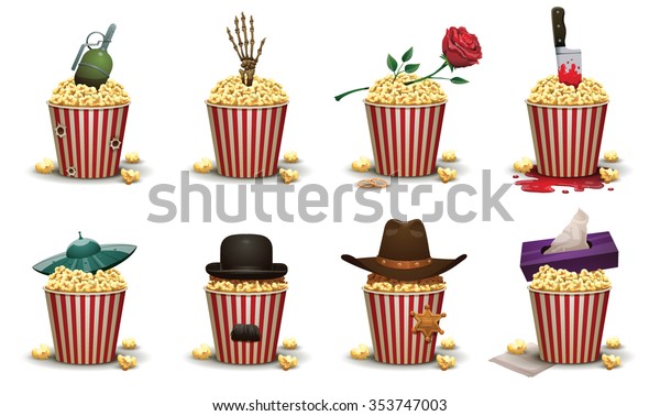 Set of popcorn basket with different elements of\
type of movies. Vester with cowboy hat and sheriff star. Romantic -\
rose. Drama - napkin box. Horror - skeleton hand. Sci fi - ufo.\
ets. Vector.