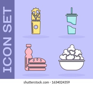 Set Popcorn in bowl, Doner kebab, Bottle of water and burger and Paper glass with drinking straw and water icon. Vector