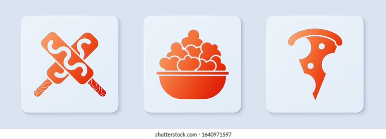 Set Popcorn in bowl, Ice cream and Slice of pizza. White square button. Vector