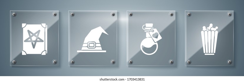 Set Popcorn in box, Bottle with love potion, Witch hat and Ancient magic book. Square glass panels. Vector