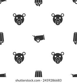Set Popcorn in box, Cannon and Bear head on seamless pattern. Vector