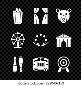 Set Popcorn in box, Circus curtain raises, Bear head, Bowling pin, wagon, Target, Ferris wheel and Juggling ball icon. Vector