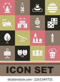 Set Popcorn in box, Firework rocket, Game dice, Fountain, Castle, Toy train, Ferris wheel and Classic dart board and arrow icon. Vector