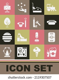 Set Popcorn in box and glass, Hockey table, Hotdog, Bumper car, Magic hat wand, Tree, ball on and Striker attraction with hammer icon. Vector
