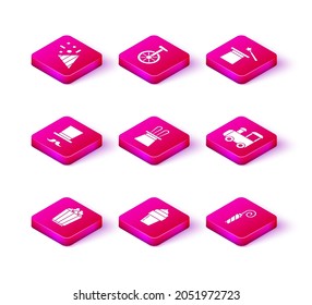 Set Popcorn in box, Ice cream, Magician, hat and rabbit ears, Birthday party horn, Toy train, wand and Unicycle one wheel bicycle icon. Vector