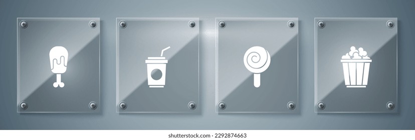 Set Popcorn in Box, Lollipop, Papier Glas mit Stroh und Hühnerbein. Viereckige Glasplatten. Vektorgrafik