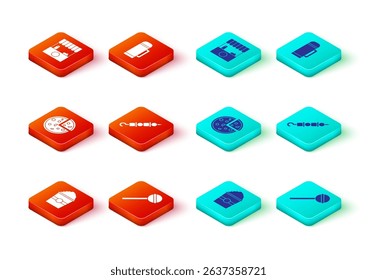Set Popcorn in box, Lollipop, Pizza, Grilled shish kebab, Thermos container and Street stall with awning icon. Vector