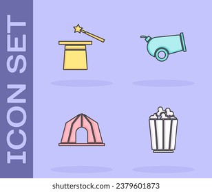 Set Popcorn in box, Magic hat and wand, Circus tent and Cannon icon. Vector