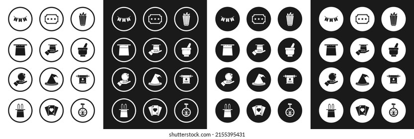 Set Popcorn in box, Magician hat hand, Carnival garland with flags, mortar pestle, Ticket, scroll and ball on icon. Vector