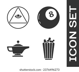 Ponga Popcorn en caja, Masones, Lámpara Mágica o icono Aladdin y bola mágica de predicciones. Vector