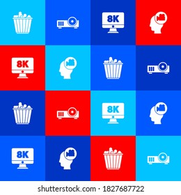 Set Popcorn in box, Media projector, Monitor with 8k and Head camera icon. Vector.