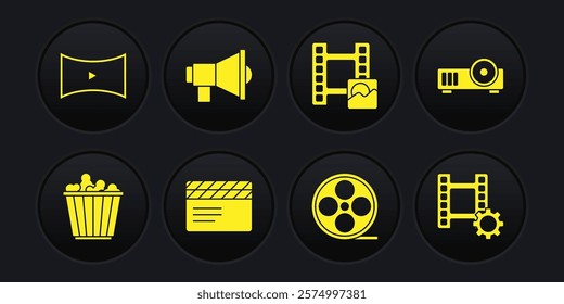 Set Popcorn in box, Media projector, Movie clapper, Film reel, Play Video, Megaphone,  and Online play video icon. Vector