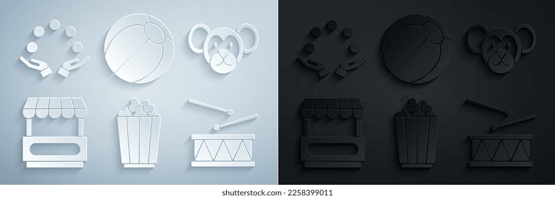Set Popcorn in box, Monkey, Fast street food cart, Drum with drum sticks, Beach ball and Juggling icon. Vector