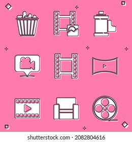 Set Popcorn in box, Play Video, Camera film roll cartridge, and location, Online play video,  and Cinema chair icon. Vector