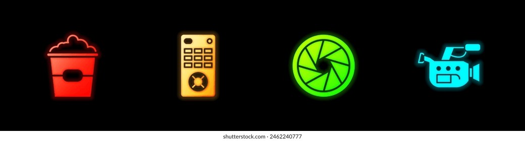 Set Popcorn in box, Remote control, Camera shutter and Cinema camera icon. Vector
