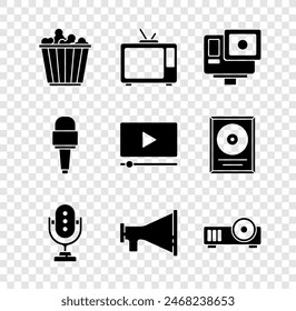 Set Popcorn in box, Retro tv, Action extreme camera, Microphone, Megaphone, Media projector,  and Online play video icon. Vector