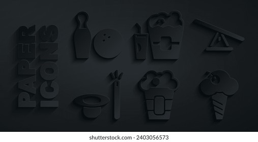 Set Popcorn in box, Seesaw, Magic hat and wand, Ice cream waffle cone, glass and Bowling pin ball icon. Vector