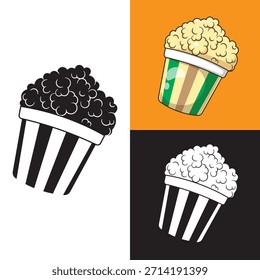 Conjunto de palomitas de maíz en una caja de cubo desnudo icono de ilustración logotipo o símbolo aislado en el fondo. Cine, Entretenimiento, películas