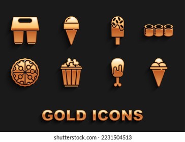 Set Popcorn in box, Sushi, Ice cream waffle cone, Chicken leg, Pizza, Coffee cup to go and  icon. Vector