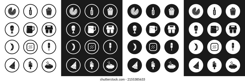Set Popcorn in box, Wooden beer mug, Chicken leg, Pizza, Coffee cup to go, Hotdog sandwich, Ice cream and  icon. Vector