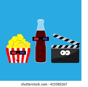 Set of popcorn boxes, bottles of sweet water and poppers for doubles  in cartoon style on a blue background. Vector illustration for a menu, cinema design element, poster.