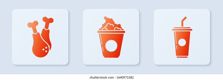 Set Popcorn in cardboard box, Chicken leg and Paper glass with drinking straw and water. White square button. Vector