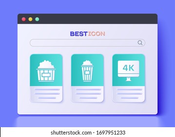 Set Popcorn in cardboard box , Popcorn in cardboard box  and Computer PC monitor with 4k video technology  icon. Vector